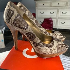 Snake print platform open toe heels